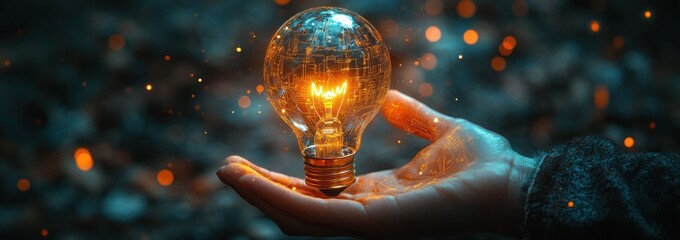 Innovation and Connectivity in Technology with Holographic Light Bulb and Digital Tablet