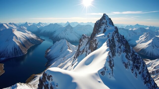 Sunny Trollheimen mountain range in Norway during midday, captured from above with stunning natural landscapes.