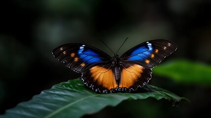 Obraz premium Blue Morpho Butterfly on Leaf with Rainforest Beauty.