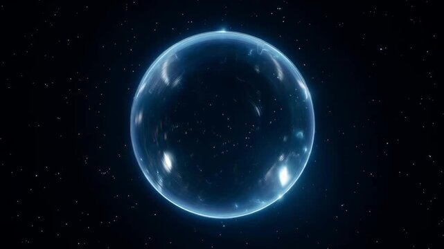 A glowing, translucent energy sphere floats in deep space, surrounded by twinkling stars. Electric currents flicker across its surface, casting a futuristic sci-fi glow. A mesmerizing cosmic scene.