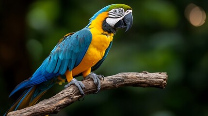Blueandgold Macaw on Branch with Vibrant Jungle.