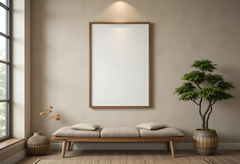 Scandi Japandi Fusion: A muted oatmeal-colored wall enhances the simplicity of an ISO A-sized poster mockup in a slim walnut frame. The artwork is centered above a low wooden bench .