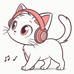 Naklejka premium cute cat wearing headset, chill style, and walking in white background