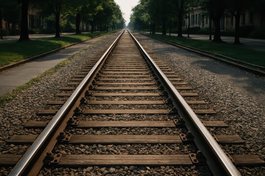 a set of parallel railway tracks stretching into the distance, laid over gravel and flanked by aged wooden sleepers. 