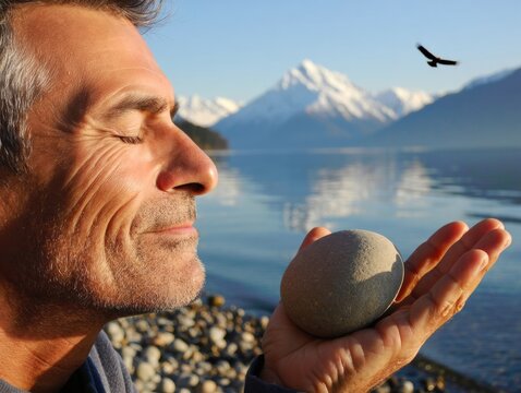 Serene man embracing nature by tranquil lake with majestic mountain views