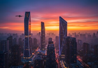 Fototapeta premium Aerial Drone View Modern City Skyline at Sunset, Skyscrapers and Urban Landscape with Dramatic Sky.