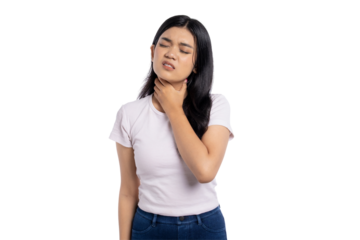 Unwell young Asian woman suffering from sore throat, touching neck with discomfort, wearing casual outfit, isolated on transparent background