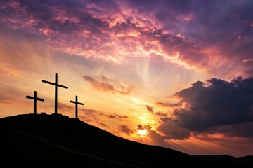 Dramatic Sunset with Crosses on Hilltop, Religious Landscape