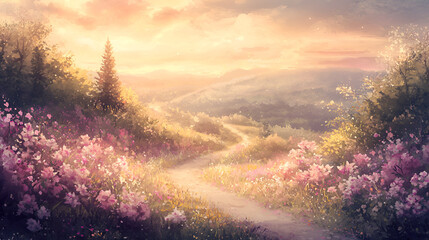 Naklejka premium Watercolor Scene of Countryside Pathway at Sunset