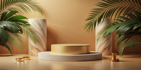 Obraz premium Luxury Palm Shadow Branding Mockup: Marble & Brown Paper Podium Background