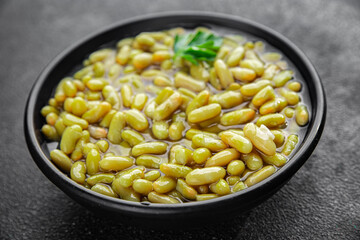 Beans flageolet green bean fresh gourmet food background on the table rustic food top view copy space