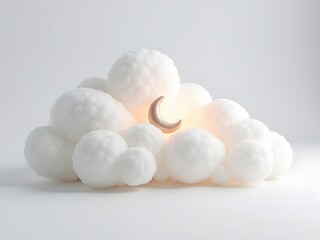Soft, Fluffy Cloud Cradling a Delicate Crescent Moon, Featuring Gentle Textures, Pastel Tones, and a Subtle Ethereal Glow, Symbolizing a Dream-Like Sleep Environment