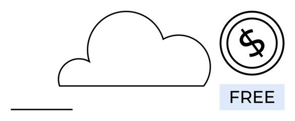 Cloud with minimal dollar coin symbol and free label, symbolizing free cloud storage or services. Ideal for technology, data, cloud computing, freebies, digital resources, cost-efficiency