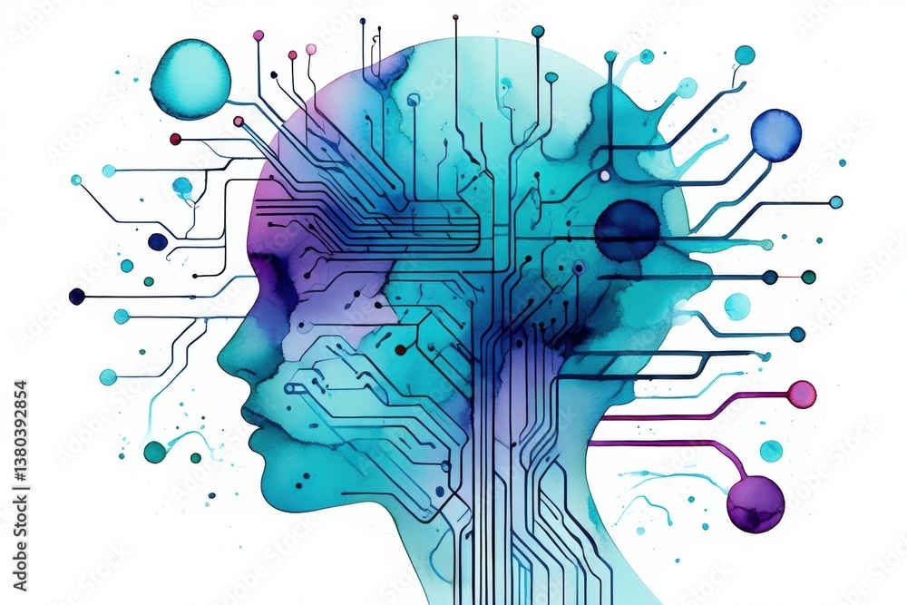 Poster futuristic ai concept: digital human head with circuit patterns and neural connections
