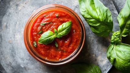 Fresh Basil Tomato Sauce in Glass Jar with Green Basil Leaves