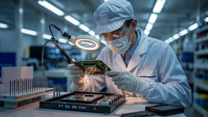 Engineer Inspects Microchip in Cleanroom. Engineer in cleanroom suit uses magnifying glass to examine a microchip. Focused inspection of electronic component for quality control.