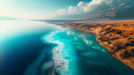 aerial view of the Dead Sea, showcasing the unique and breathtaking natural beauty of this iconic location. The Dead Sea, known for its high salinity and mineral-rich waters