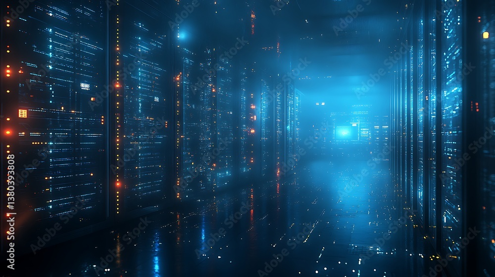 Poster a futuristic server room with glowing data connections and racks of servers, leaving the top-left se