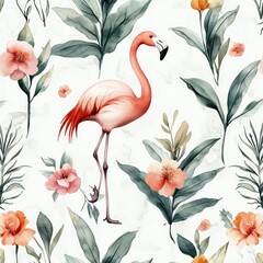 Naklejka premium Seamless Tropical Flamingo Pattern Watercolor Floral Art Exotic Plants Birds Greenery Illustration