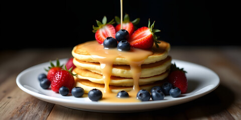 A still life composition featuring sweat syrop over a stack of golden brown pancakes adorned with fresh strawberries and blueberries , arranged artfully on a crisp white ceramic plate against dark bac