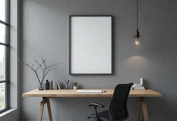 Scandi-Industrial Office: A cool matte gray wall with black metal accents creates a sleek office backdrop for an ISO A-sized poster mockup in a thin charcoal frame.