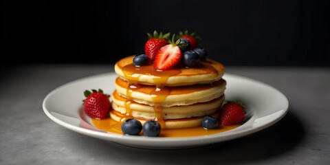 A still life composition featuring sweat syrop over a stack of golden brown pancakes adorned with fresh strawberries and blueberries , arranged artfully on a crisp white ceramic plate against dark bac