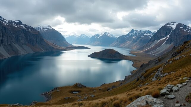 Panoramic view of Lake Oldevatnet in Norway at midday under cloudy skies.