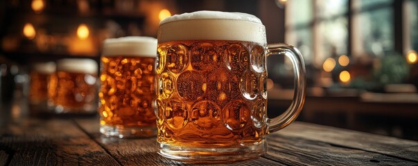 Close up photo of frothy beer mugs on rustic wooden table in cozy pub with warm lighting