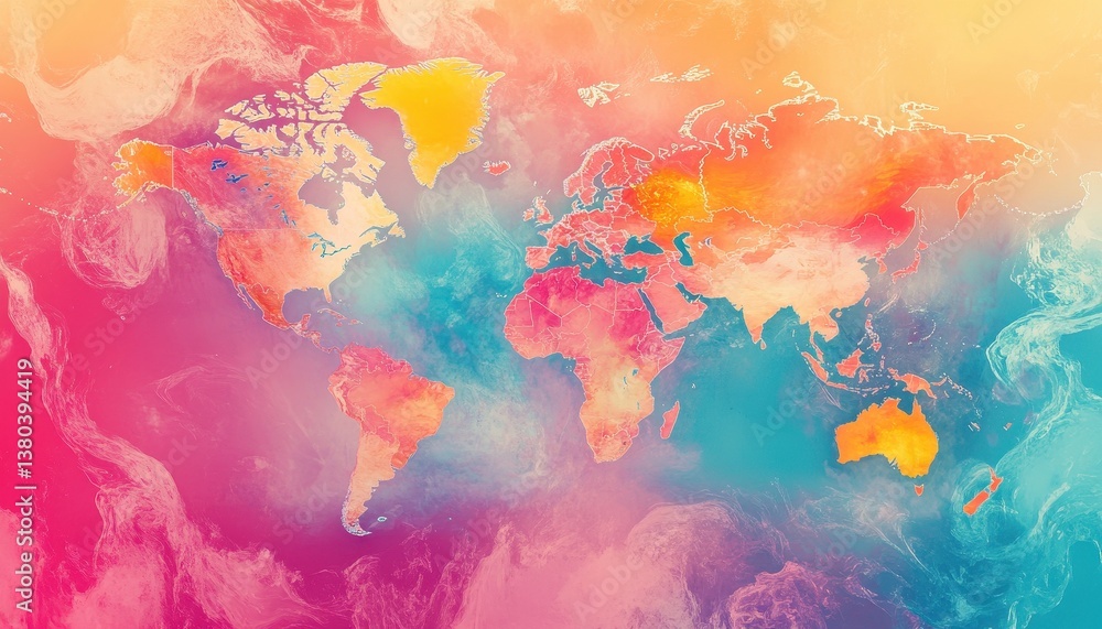 Aufkleber vibrant world map illustration in abstract watercolor style with bold colors and pixelated continent