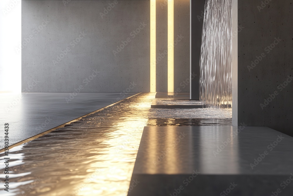 Poster Water Feature in Modern Concrete Architecture with Reflected Light Smooth Concrete Structure and Minimalist Design with Open Floor Plan and Geometric Columns
