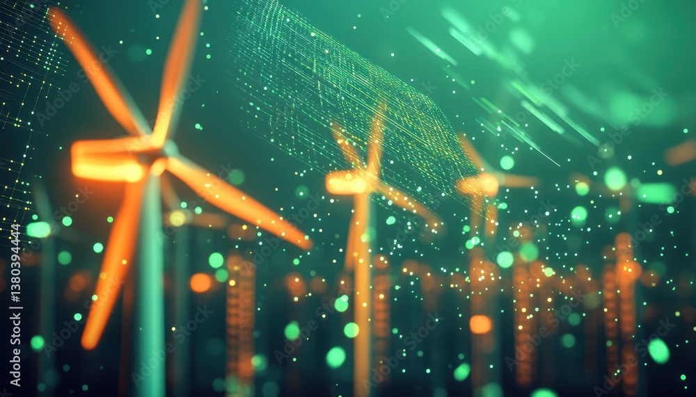 Poster Wind Turbines and Digital Energy Network with Green Hue Futuristic Sustainable and Clean Energy Generation Concept on Abstract Particle Background