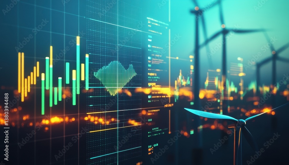 Poster wind turbines farm with financial chart data visualization and clean energy growth concept against a