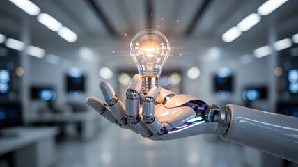 Obraz premium Futuristic Robot Hand Holding Bright Light Bulb Innovation Concept