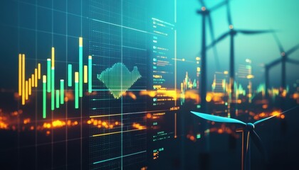 Wind Turbines Farm with Financial Chart Data Visualization and Clean Energy Growth Concept Against a Dark Green Sky