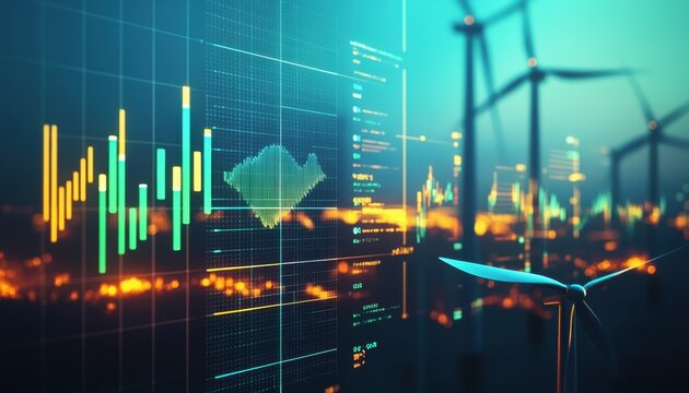 Wind Turbines Farm with Financial Chart Data Visualization and Clean Energy Growth Concept Against a Dark Green Sky