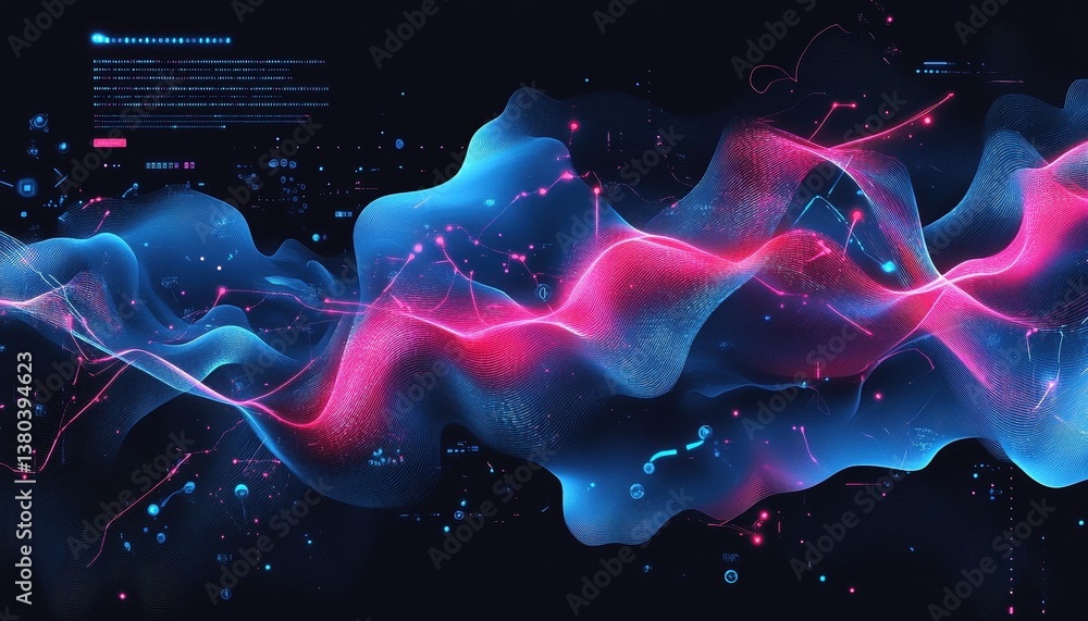 Aufkleber Abstract Blue and Pink Wavy Pattern Over Dark Backdrop Creating a Digital Art Rendering with Smooth Curves and Glowing Lines