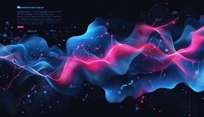 Abstract Blue and Pink Wavy Pattern Over Dark Backdrop Creating a Digital Art Rendering with Smooth Curves and Glowing Lines