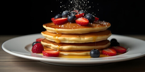 A still life composition featuring sweat syrop over a stack of golden brown pancakes adorned with fresh strawberries and blueberries , arranged artfully on a crisp white ceramic plate against dark bac