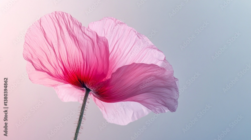 Poster a stunning pink poppy stands out with its translucent petals illuminated by soft, natural light. the