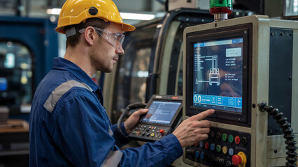 Factory worker in yellow hardhat operating industrial machinery in plant. A focused factory worker, wearing a yellow hardhat and safety glasses, operates a complex machine with a digital interface. 