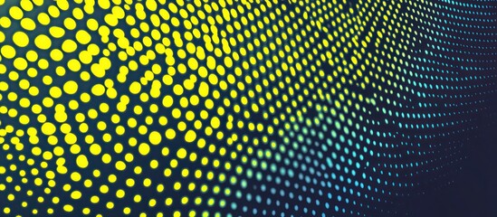 A bright neon yellow and deep blue halftone pattern, set against a muted grey background