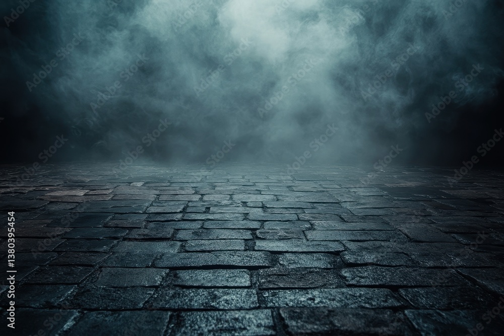 Aufkleber abstract dark stage background with blue smoke and bricked floor texture for mockups and creative pr
