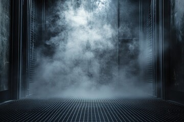 Abstract Dark Stage with White Smoke and Metallic Grid Floor Interior Background Smoky Vapor Texture with Misty Effect