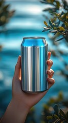 Hand holding aluminum beverage can mockup for drinks against blue background