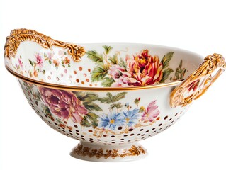 Floral Patterned Colander with Gold Trim Isolated on White Background