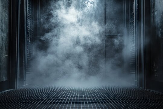 Abstract Dark Stage with White Smoke and Metallic Grid Floor Interior Background Smoky Vapor Texture with Misty Effect