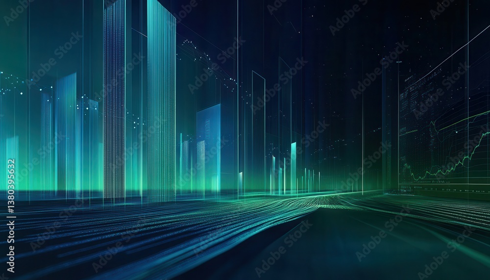 Poster Abstract Digital Cityscape in Teal and Blue with Glowing Lines and Dots in a Futuristic Perspective on a Dark Background