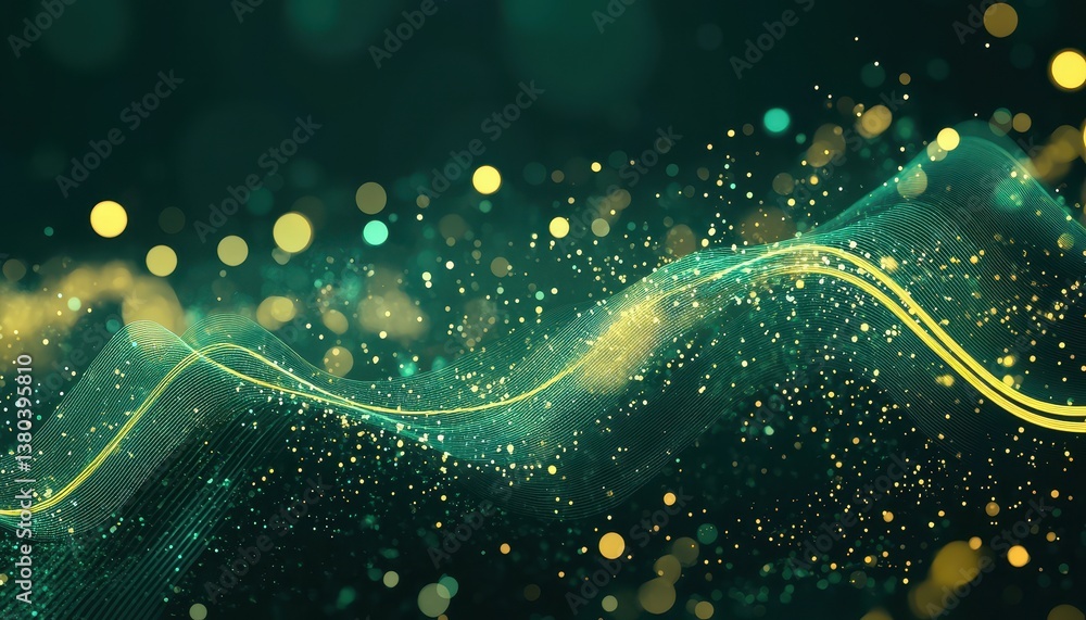 Poster Abstract Digital Wave Background with Green and Gold Particles Data Stream and Futuristic Technology Design on a Dark Backdrop