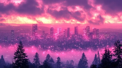 Pink Cityscape at Dusk: A Dreamlike Urban Panorama