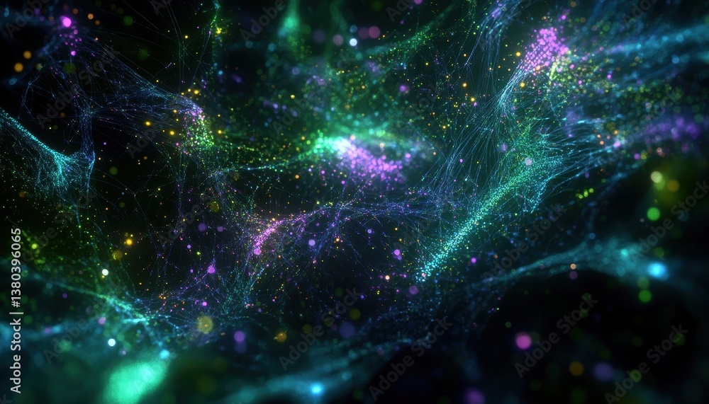 Aufkleber Abstract Glittering Cosmic Particle Cloud with Green Purple and Blue Hues Floating in Dark Space Backdrop with Sparkle and Shine for Modern Decorative Design